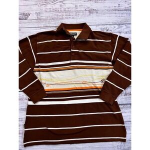 Koman Jeans Men's Brown Long Sleeve‎ Striped Polo Shirt Retro Size M